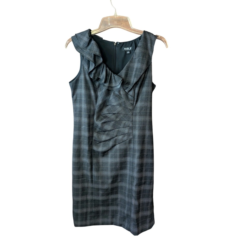 Allen B by Allen Schwartz Gray Plaid Ruffle V-Neck Ruched Sheath Dress Size‎ 10